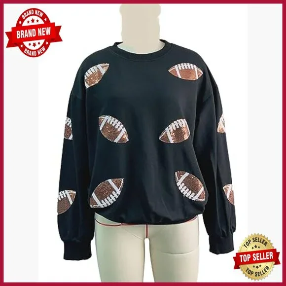 Loose Fit Football Sequin Sweatshirt Long Sleeve Pullover Casual Gameday Top - Picture 6 of 7